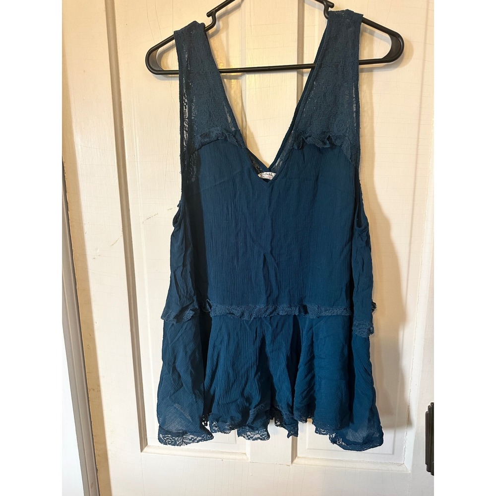 Intimately Free People Teal Blue Lace Trim Tiered Boho Tank Top Womens Medium - Picture 2 of 5